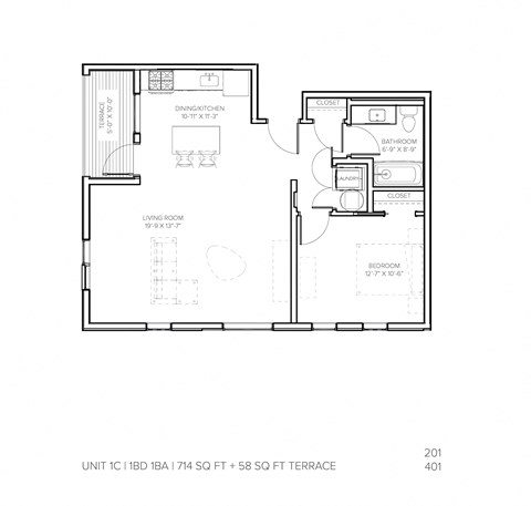 Floor plan for 1 bed, 1 bath, 713 sqft